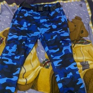 BLUE camp cargo pants , BLACK belt , size MEDIUM